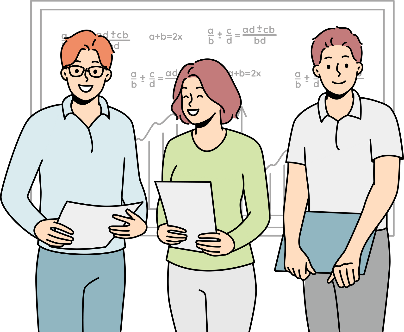 Smiling Students Make Presentation near Board